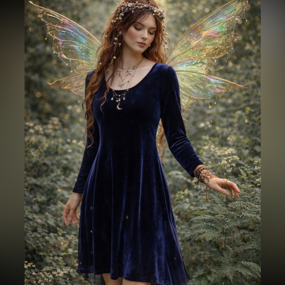 VTG Moda INTL Women's Dark Blue Velvet Long Sleeve festival dark forest fairy
